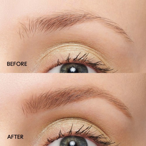 A close-up of an eye showing eyebrow and eyelid, with 'before' and 'after' labels indicating a makeup or beauty change.
