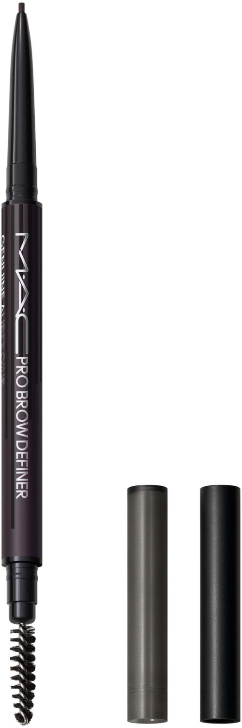 A black eyebrow pencil with a spoolie brush, two caps, and white text, used for shaping eyebrows.
