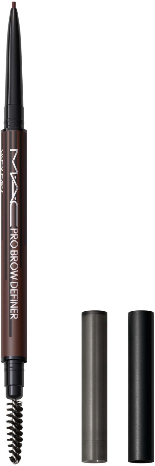 A brow pencil with two caps, one gray and one black, and a twist tool at the end for shaping eyebrows.