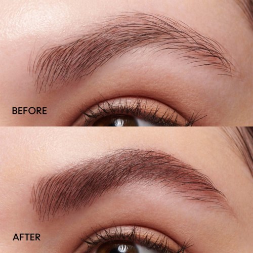 Two close-up images show eyebrows before and after grooming, with thicker and more shaped eyebrows in the second image.
