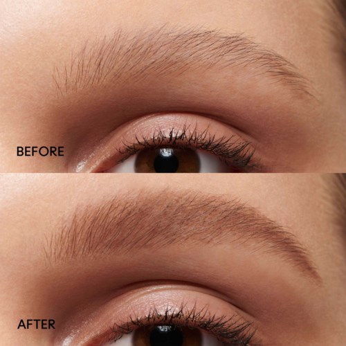 Two close-up images show an eyebrow before and after grooming or makeup. The eyebrow looks more neat and shaped in the after image.