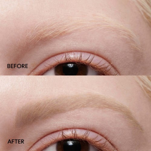 An eye before and after makeup, with lighter eyebrows and enhanced eyelashes in the after photo.