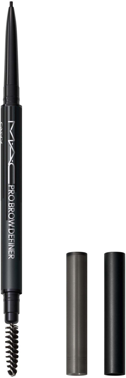 A makeup eyebrow pencil with a brush, two separate refill caps, and the brand name MAC visible.