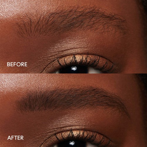 Close-up of an eye with makeup before and after application, showing improved eyelash and eye area appearance.