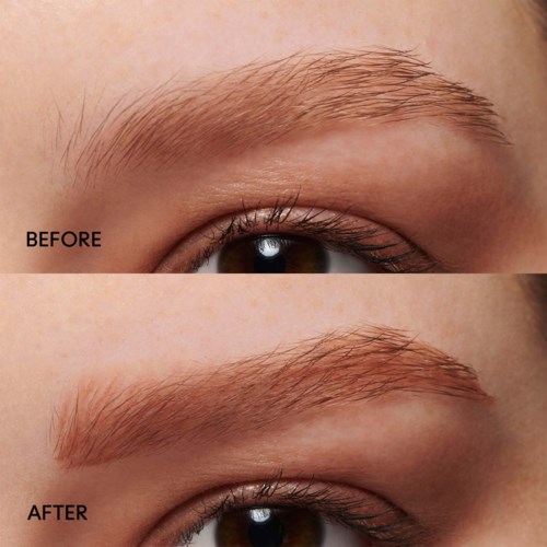Two photos show an eyebrow before and after grooming or makeup, highlighting a fuller, more defined look in the second.