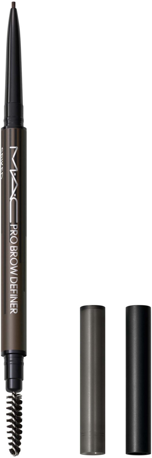 A brow pencil with a spoolie brush, two color caps, and branding for MAC Pro Brow Pen.