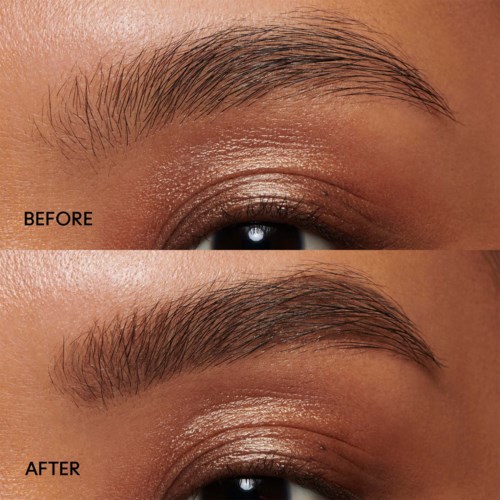 Two images show a close-up of an eyebrow before and after grooming, with the after image appearing neater and more defined.