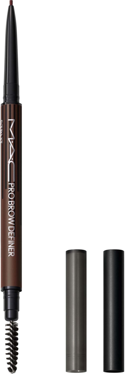A brow pencil with a spoolie brush, two caps, in brown and black colors, branded MAC, used for eyebrow makeup.