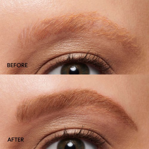 A close-up of an eye shows eyebrows before and after grooming, looking fuller and more defined after.