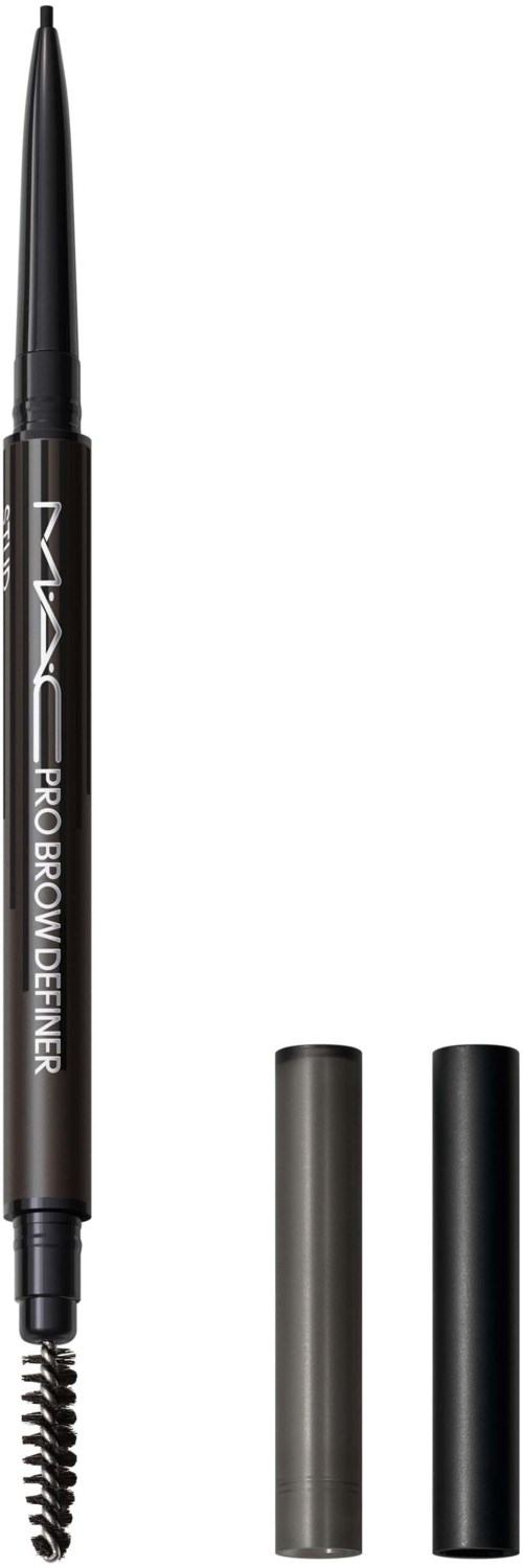 A black brow pencil with two caps, one grey and one black, is shown standing upright.