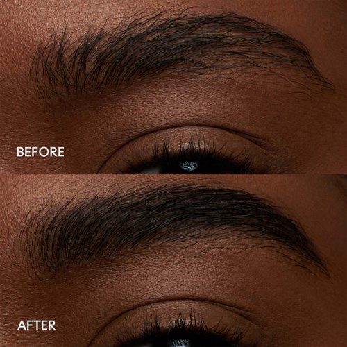 Eyebrows shown before and after grooming, looking fuller and more shaped after. Close-up of eye area.