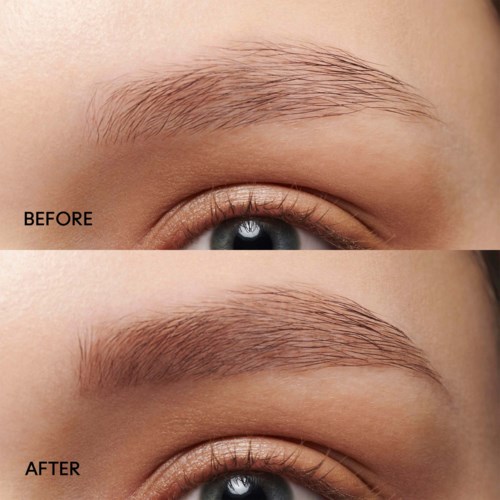 A close-up of a woman's eye shows brow before and after grooming, with clear skin and eye makeup. Clean, natural look.