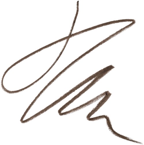 En brun, abstrakt signatur eller håndskrevet stil logo med flytende linjer.