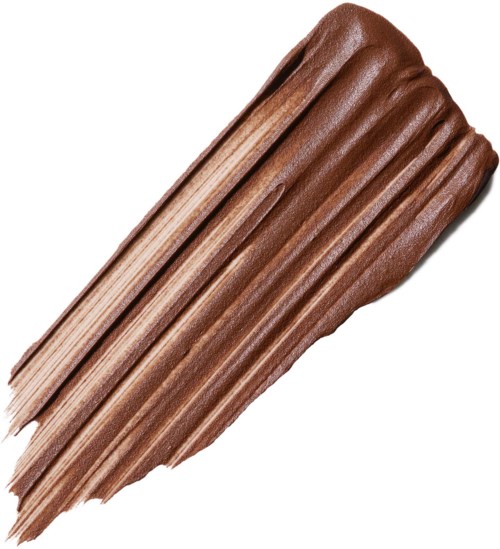 En prøve av brun foundation eller concealer med kremaktig tekstur og jevne striper.