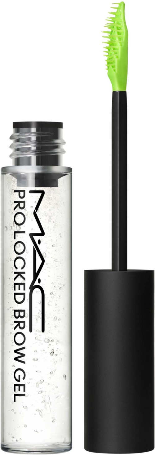 A clear tube with black cap and label, green brush with curved bristles for eyebrows or lashes.