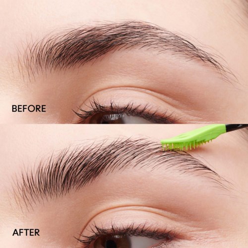 A person is grooming eyebrows with a small brush, showing before and after comparison of hair removal or tidying.