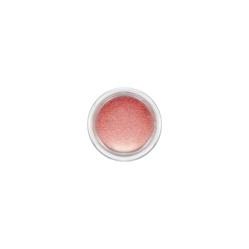 A round, pinkish makeup blush in a small container with a transparent lid.