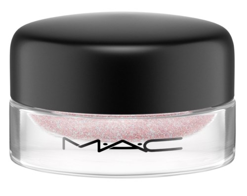 A small jar with black lid and clear body containing pink glitter. The MAC logo is on the jar.