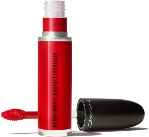 Red lipstick tube with open cap and visible applicator brush.