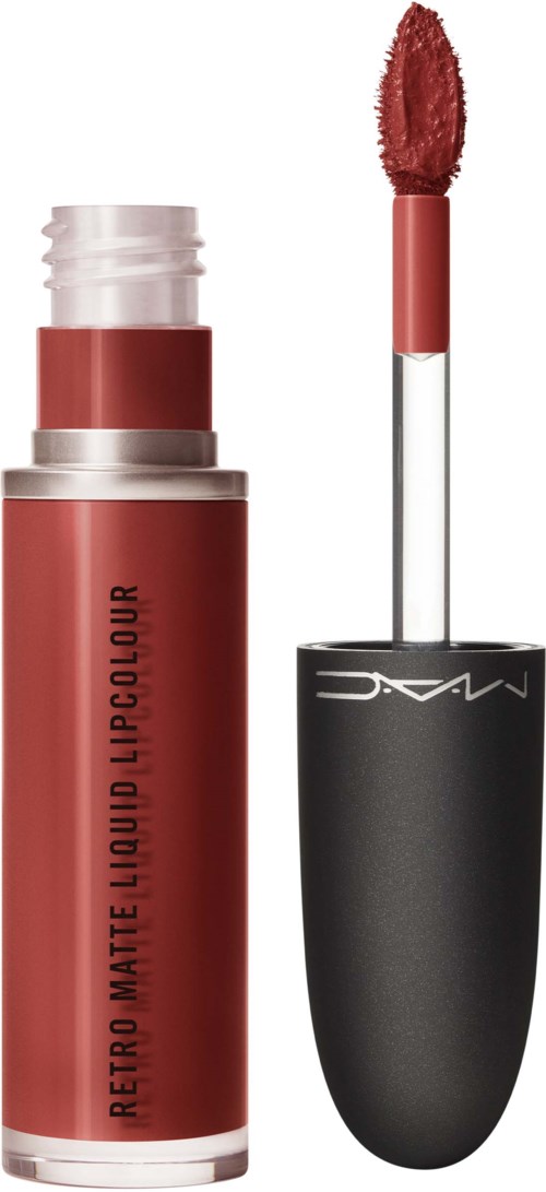 En läppstiftsbehållare med röd matt flytande läppstift och applikator utanför, märkt som Retro Matte Liquid Lipcolour.
