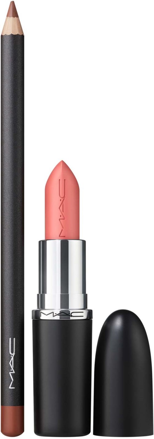 MAC leppekonturer og leppestift med svart emballasje, leppestift uten lokk viser rosa leppestift, blyant med brunt.