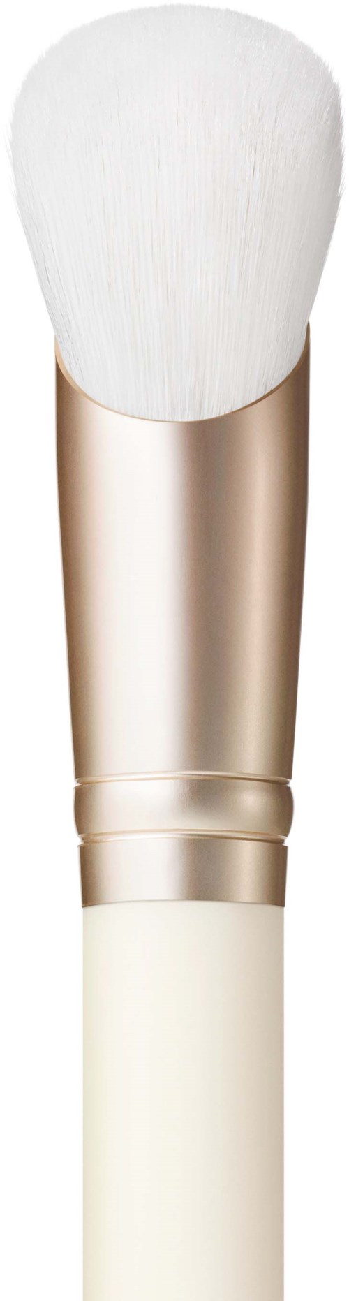 A makeup brush with a white handle and soft, fluffy white bristles.