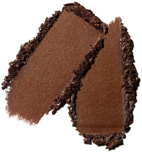 Two pieces of brown eyeshadow, one broken, with a dark border and shimmer surface.