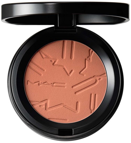 A round blush with embossed lines and shapes, in a black compact with an open lid.