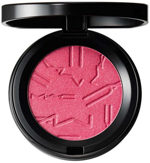 A round pink blush with an embossed abstract design inside, in a black compact case with a lid.