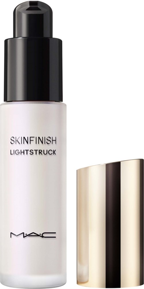 A white bottle with a black cap and a gold-colored lid, labeled MAC Skinfinish Lightstruck.
