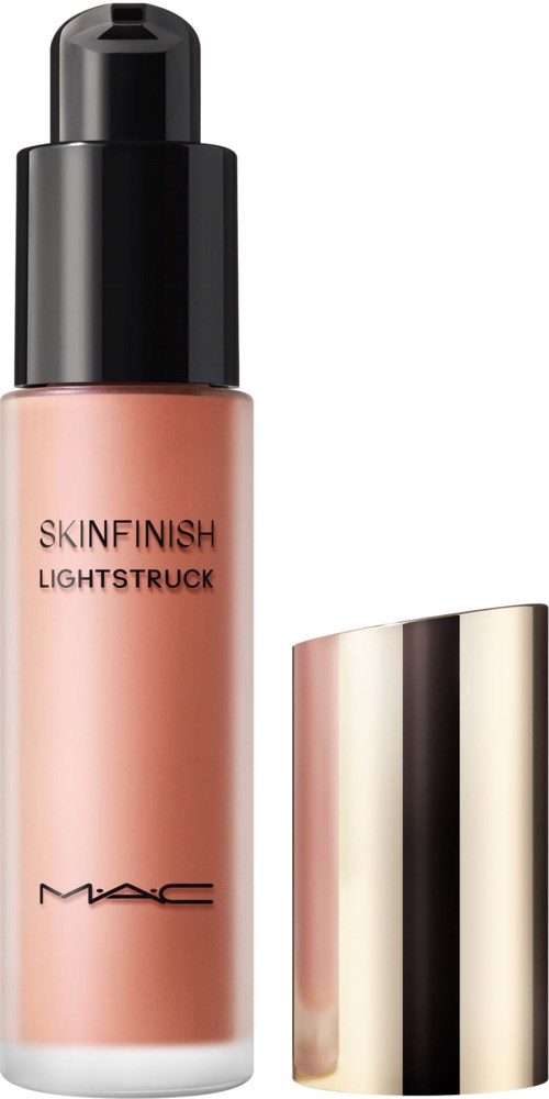 A bottle of MAC Skinfinish Lightweight foundation with a black cap and a shiny metallic cover.