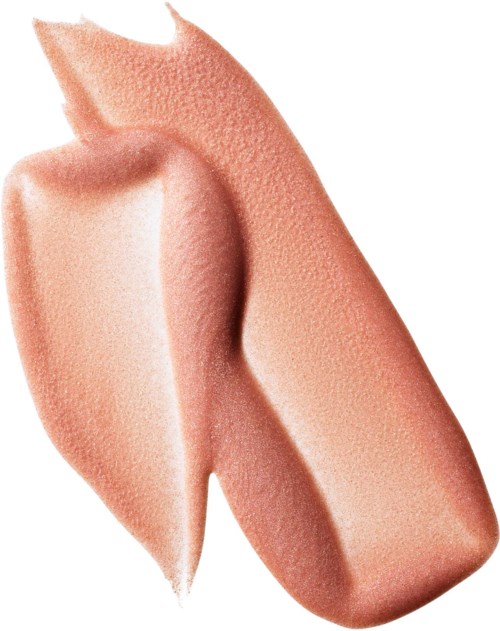 A beige makeup sponge with a curved shape and textured surface.
