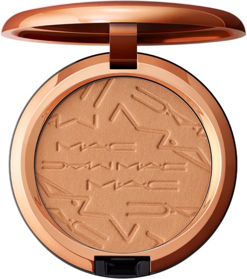 A round makeup compact with a bronze lid, open to show light brown pressed powder with embossed letters.