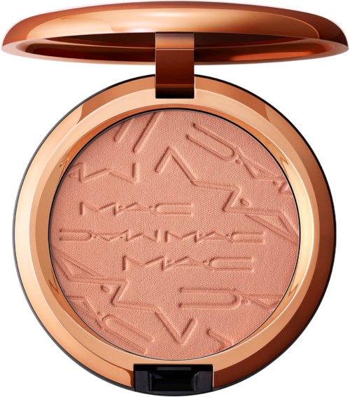 A compact makeup blush with a rose gold case and embossed text design.