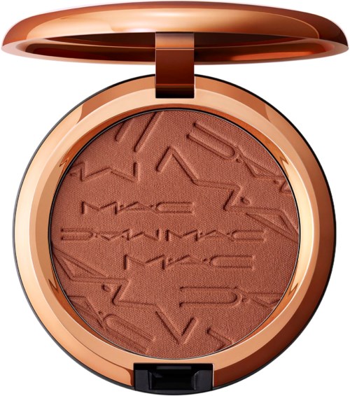 A compact powder with embossed letters and a rose gold case, open to show the pressed makeup inside.