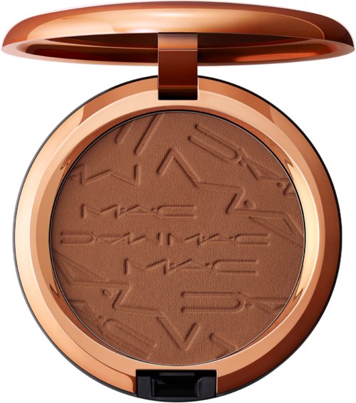 A compact with a mirror, open to show brown pressed powder with embossed letters on it.