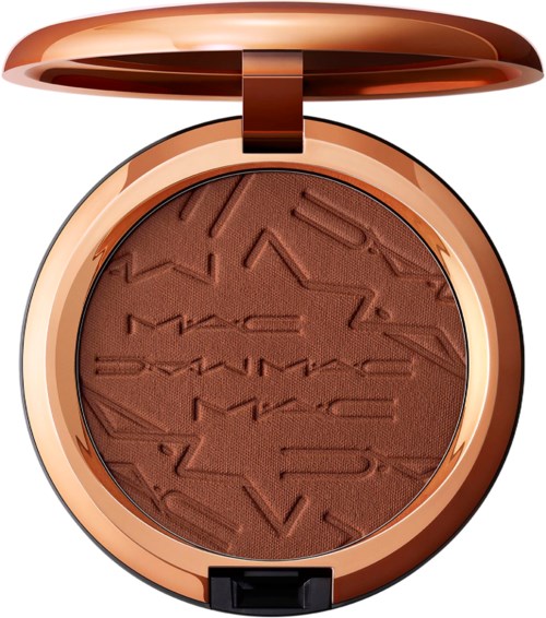 A round brown compact with a lid, containing embossed makeup powder with the MAC logo.