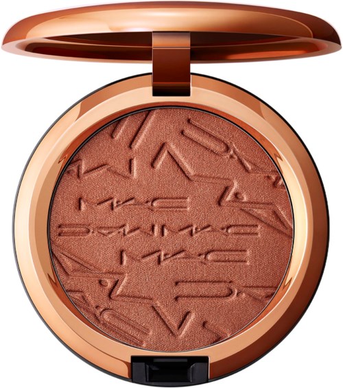 Bronzefarbene Kompakt mit strukturierter Rouge und einem glänzenden Deckel, der aufgeht.