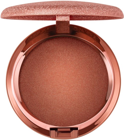 Ein runder Make-up-Blush mit einem metallischen Roségoldkasten und einem weichen, schimmernden Rosa-Ton im Inneren.