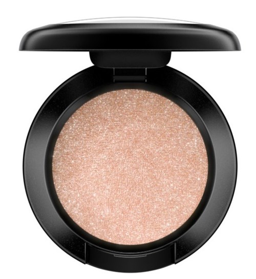 Rund makeup-puder med en rosa, glittrig yta i ett svart kompakt.
