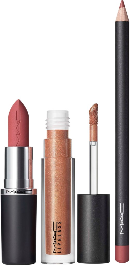 Lipstick, lip gloss, lip liner, and eyeliner in sleek black packaging.