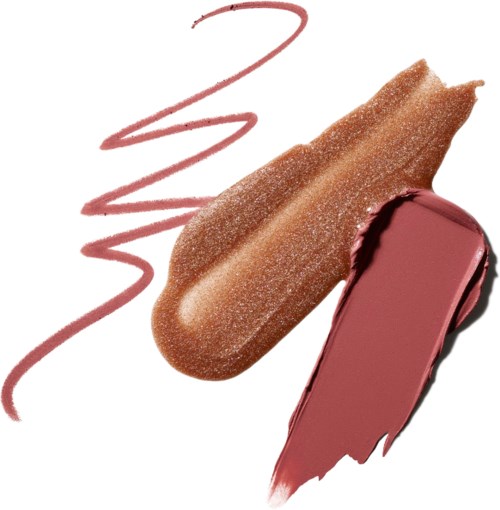 A makeup swatch with brown and pink lipstick streaks, applying on a white background.