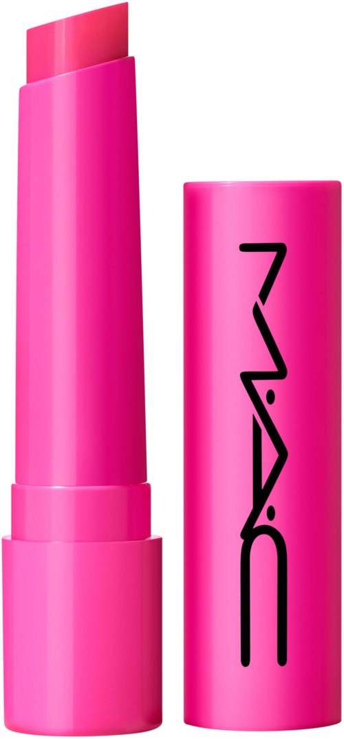 Lip balm in a bright pink tube with a black M·A·C logo on the cap.