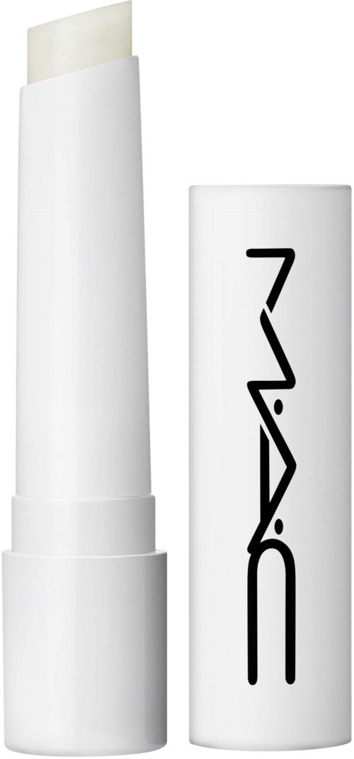 A white lip balm tube with the cap beside it, showing the balm inside. Simple and clean design.