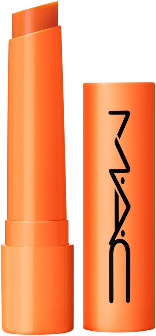 An orange lipstick with its cap removed, showing the lipstick inside, and the MAC logo on the cap.