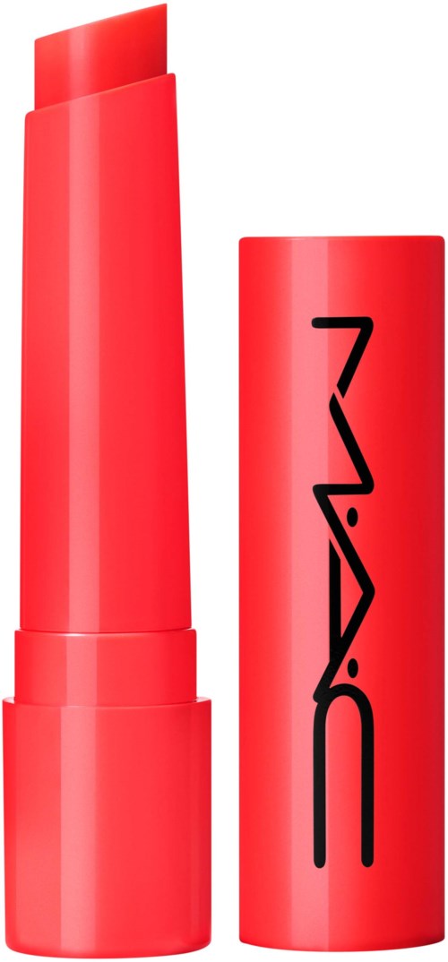 A red lipstick tube with the cap off, showing the lipstick inside, and the MAC logo on the cap.