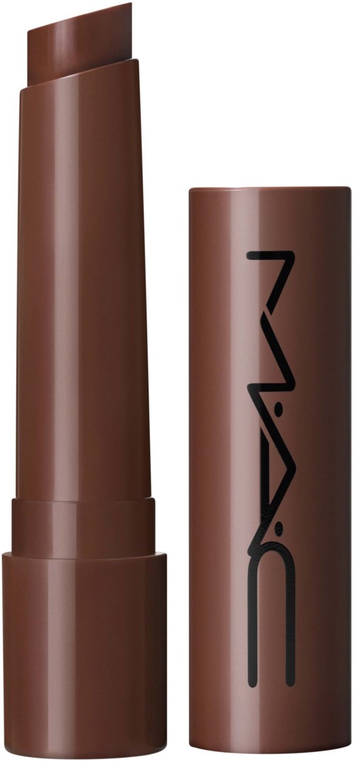 A brown lipstick with the MAC logo on its cap, shown in an open and closed position.