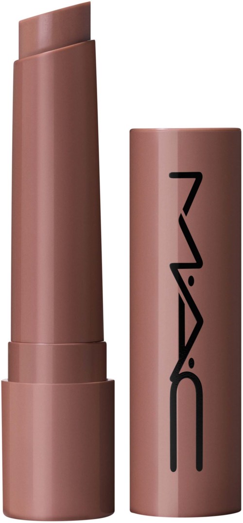 A lipstick with a brown cap next to a lipstick tube showing the MAC logo.