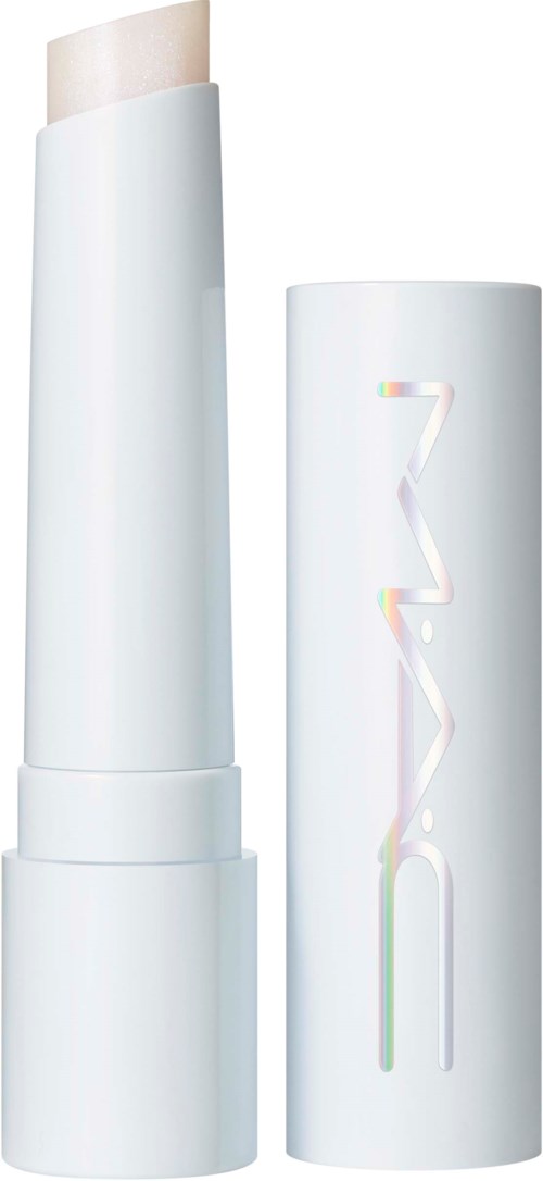A white stick-shaped makeup product with a transparent cap and colorful brand name on the container.
