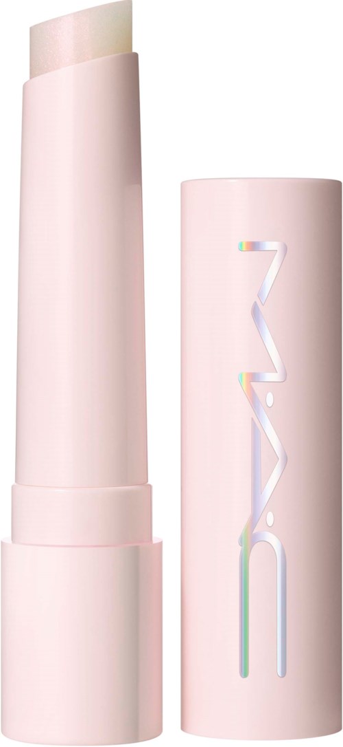 A pink tube with a white product extending out and a matching pink cap with a shiny logo.
